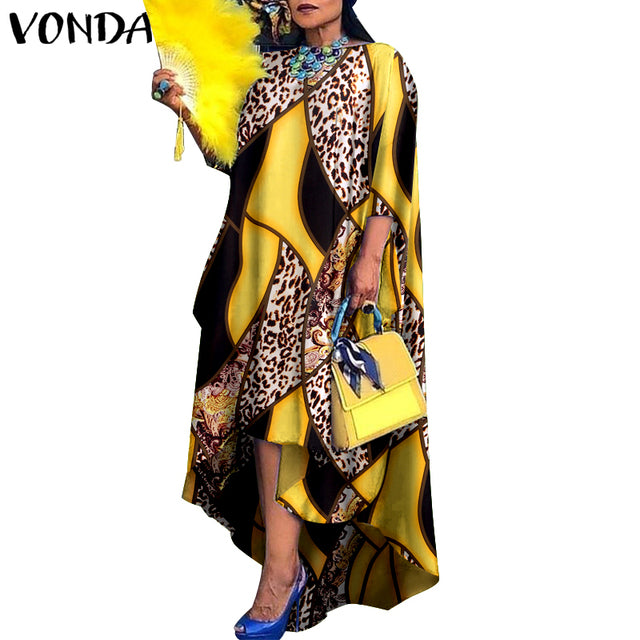 Women Dress 2022 VONDA Vintage Printed Asymmetric Party Long Maxi Dress Femme Robe Beach Sundress Casual Vestido Plus Size Robe - My She Shop