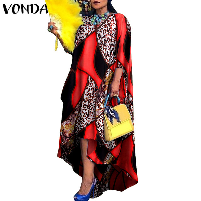 Women Dress 2022 VONDA Vintage Printed Asymmetric Party Long Maxi Dress Femme Robe Beach Sundress Casual Vestido Plus Size Robe - My She Shop