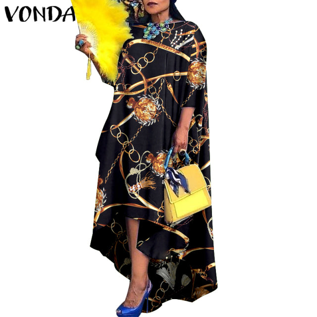 Women Dress 2022 VONDA Vintage Printed Asymmetric Party Long Maxi Dress Femme Robe Beach Sundress Casual Vestido Plus Size Robe - My She Shop