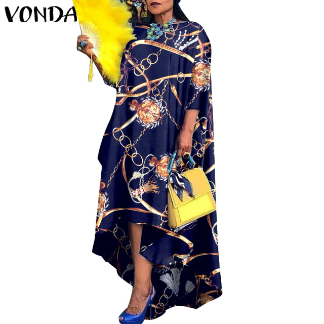 Women Dress 2022 VONDA Vintage Printed Asymmetric Party Long Maxi Dress Femme Robe Beach Sundress Casual Vestido Plus Size Robe - My She Shop