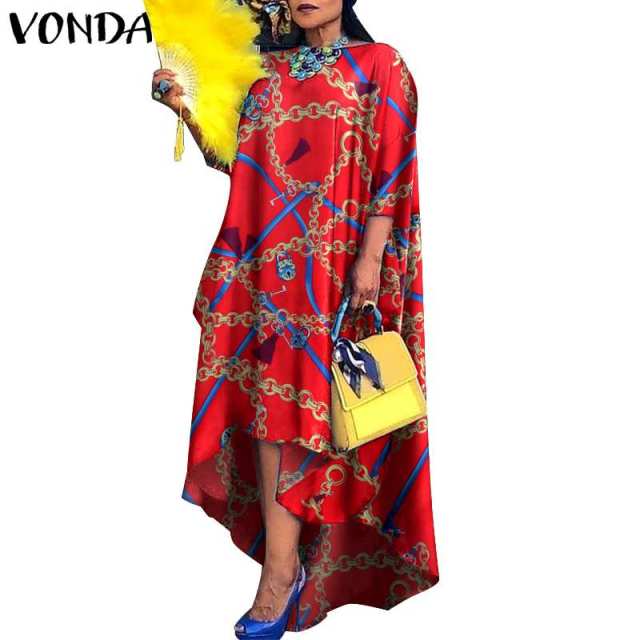 Women Dress 2022 VONDA Vintage Printed Asymmetric Party Long Maxi Dress Femme Robe Beach Sundress Casual Vestido Plus Size Robe - My She Shop