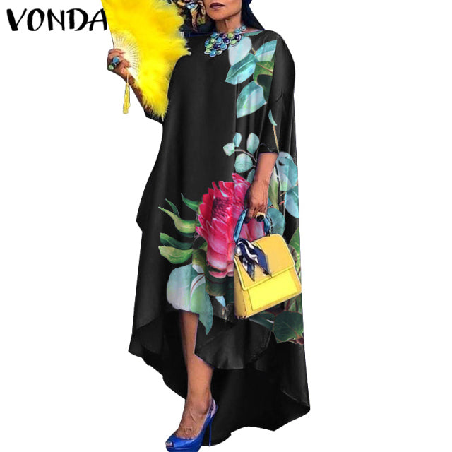 Women Dress 2022 VONDA Vintage Printed Asymmetric Party Long Maxi Dress Femme Robe Beach Sundress Casual Vestido Plus Size Robe - My She Shop