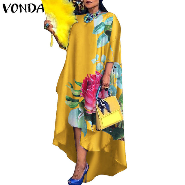 Women Dress 2022 VONDA Vintage Printed Asymmetric Party Long Maxi Dress Femme Robe Beach Sundress Casual Vestido Plus Size Robe - My She Shop