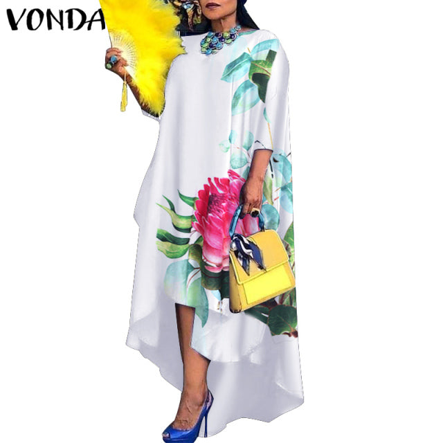 Women Dress 2022 VONDA Vintage Printed Asymmetric Party Long Maxi Dress Femme Robe Beach Sundress Casual Vestido Plus Size Robe - My She Shop