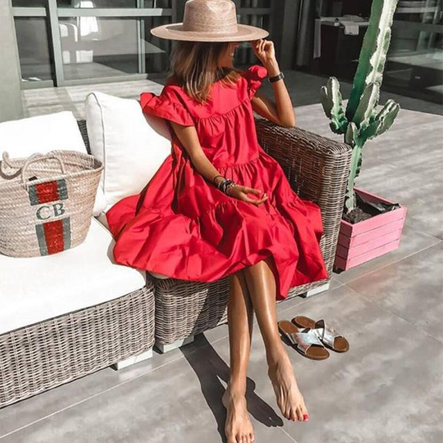 Retro Oversized Patchwork Dress Women&#39;s Elegant O-Neck Ruffle Sleeve Midi Dresses Summer Female A Line Ruffled Sundress Vestidos - My She Shop