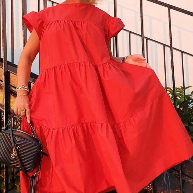 Retro Oversized Patchwork Dress Women&#39;s Elegant O-Neck Ruffle Sleeve Midi Dresses Summer Female A Line Ruffled Sundress Vestidos - My She Shop