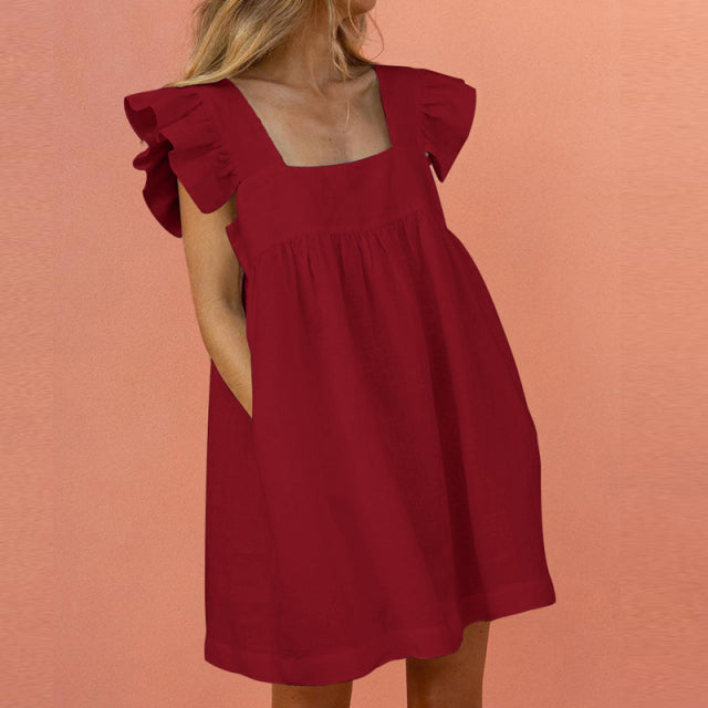 Retro Oversized Patchwork Dress Women&#39;s Elegant O-Neck Ruffle Sleeve Midi Dresses Summer Female A Line Ruffled Sundress Vestidos - My She Shop