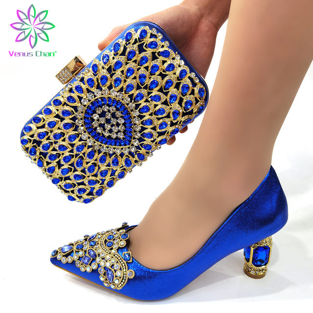 High Quality 2022 Spring Design Nigerian Lady Party Matching Shoes and Bag Set in Blue Color African Women Shoe and and Bag - My She Shop