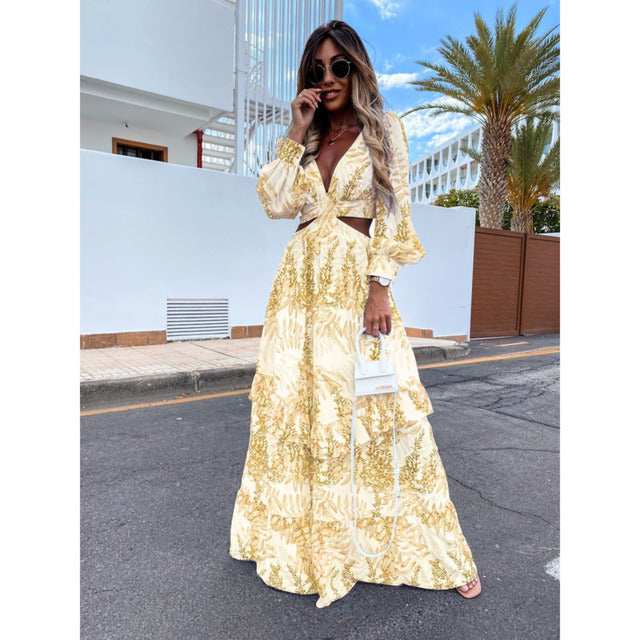 Sexy Hollow Out Maxi Dress Women 2022 Autumn Lantern Sleeve Party Club Tunic Beach Dress Bohemian V-Neck Backless Long Dresses - My She Shop