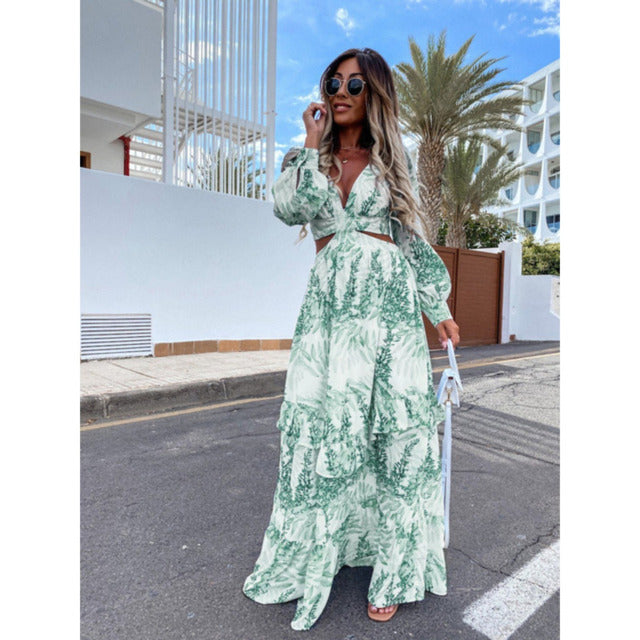 Sexy Hollow Out Maxi Dress Women 2022 Autumn Lantern Sleeve Party Club Tunic Beach Dress Bohemian V-Neck Backless Long Dresses - My She Shop