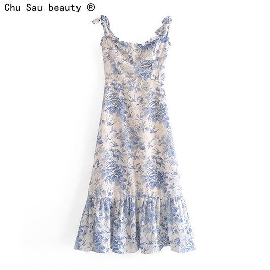 French Vintage Printed Ruffle Camisole Dress - My She Shop