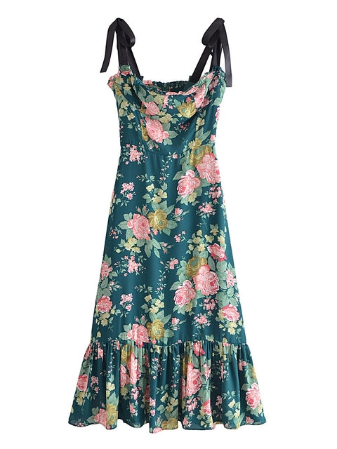 French Vintage Printed Ruffle Camisole Dress - My She Shop