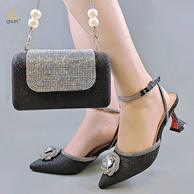 QSGFC 2022 New Arrival Italian Design Elegant Black Color Women Shoes And Bag Set For Party High Quality Lady Occasion Shoes - My She Shop