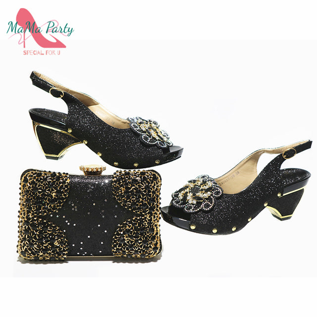 Latest African Women Shoes Matching Bag in Gold Color High Quality Comfortable Heels with Shinning Crystal for Wedding Party - My She Shop