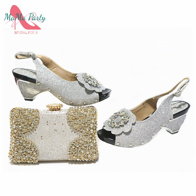 Latest African Women Shoes Matching Bag in Gold Color High Quality Comfortable Heels with Shinning Crystal for Wedding Party - My She Shop