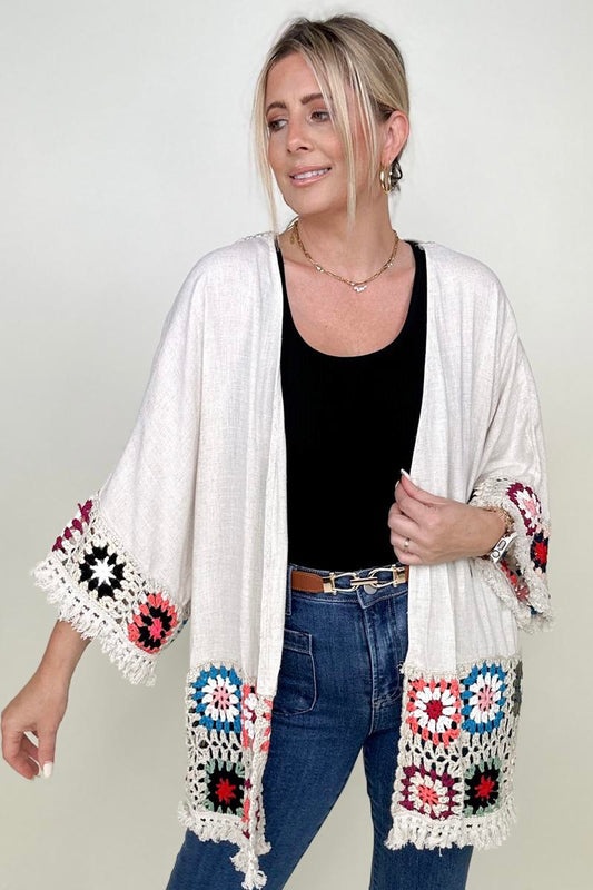 Umgee Linen Blend Patch Crochet Kimono Top