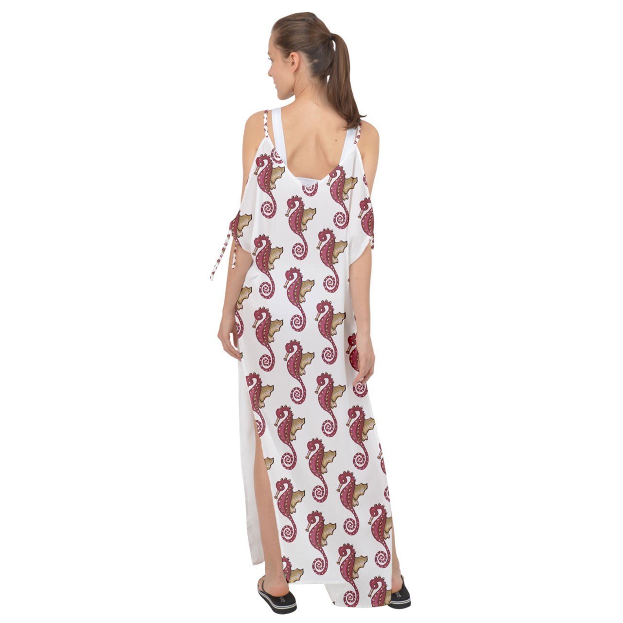 Red Seahorse Pattern Maxi Chiffon Cover Up Dress - My She Shop