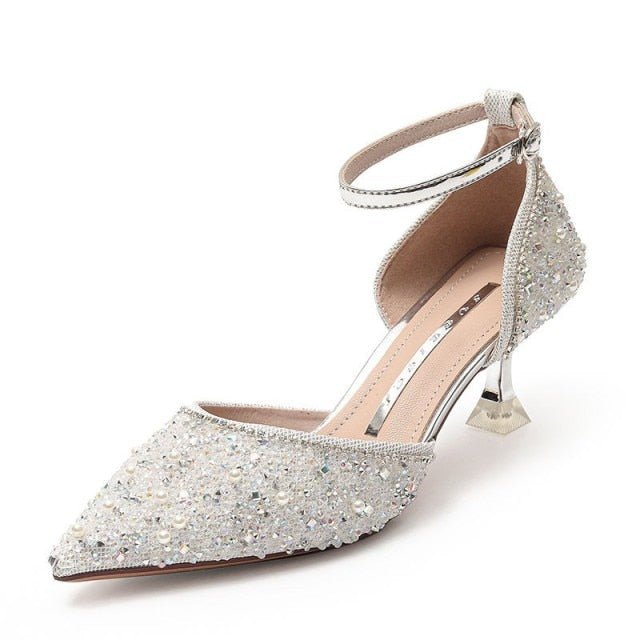 RIMOCY Rivetingly Elegant Crystal Bling Pointed Toe Ankle Strap Thin Heel Shoes - My She Shop