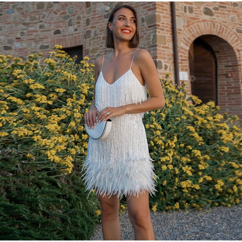 ROSEMARY Sequins Tassels Feathers Spaghetti Strap Mini Dress - My She Shop