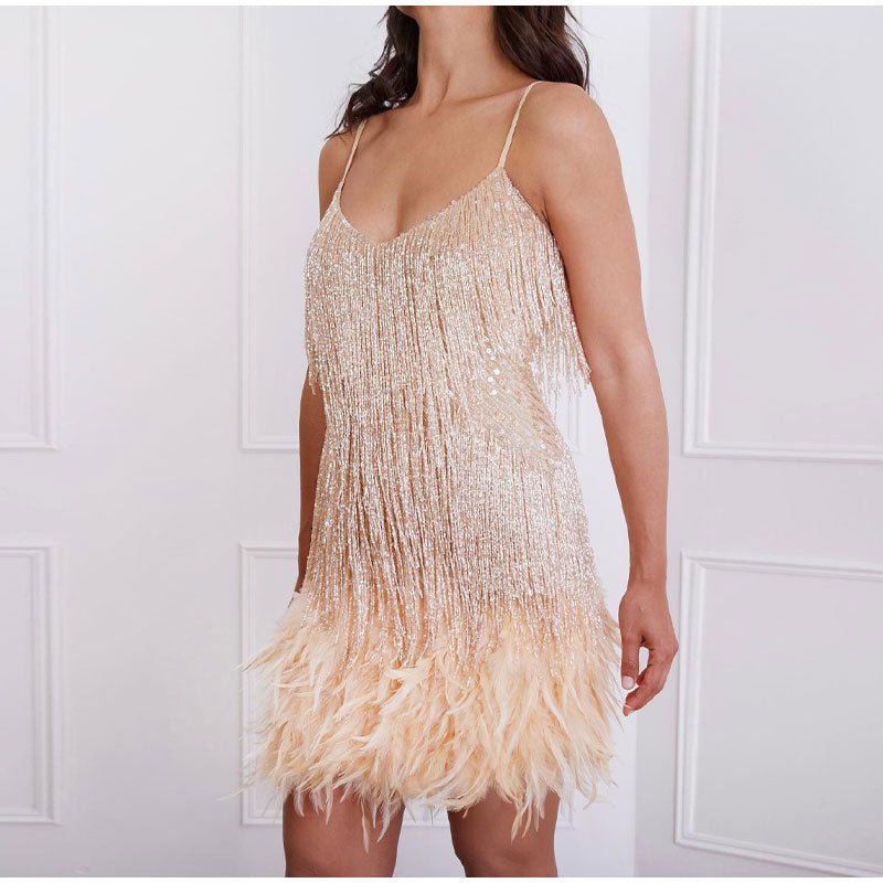 ROSEMARY Sequins Tassels Feathers Spaghetti Strap Mini Dress - My She Shop