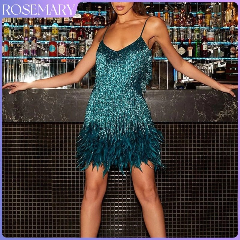 ROSEMARY Sequins Tassels Feathers Spaghetti Strap Mini Dress - My She Shop