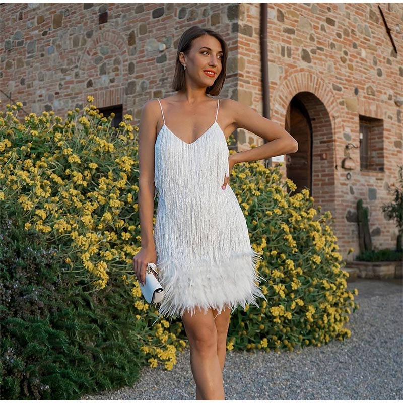 ROSEMARY Sequins Tassels Feathers Spaghetti Strap Mini Dress - My She Shop