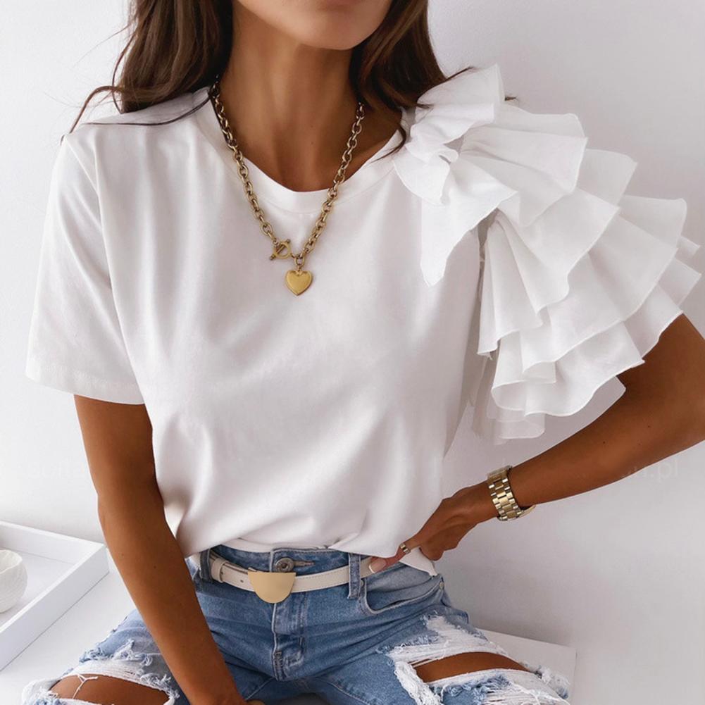 SANDWOOD Sassy Layered Ruffle Short Sleeve Asymmetric Shirt - My She Shop