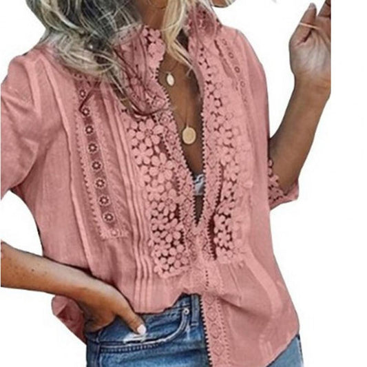 SANWOOD Classy Boho Style Cotton Blend Hollow Out Long V-Neck Mid Sleeve Shirt - My She Shop