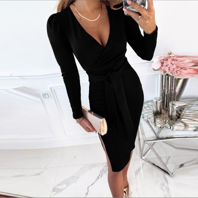 Sassy Sash 3/4 Sleeve Deep V-Neck Sheath Dress - My She Shop