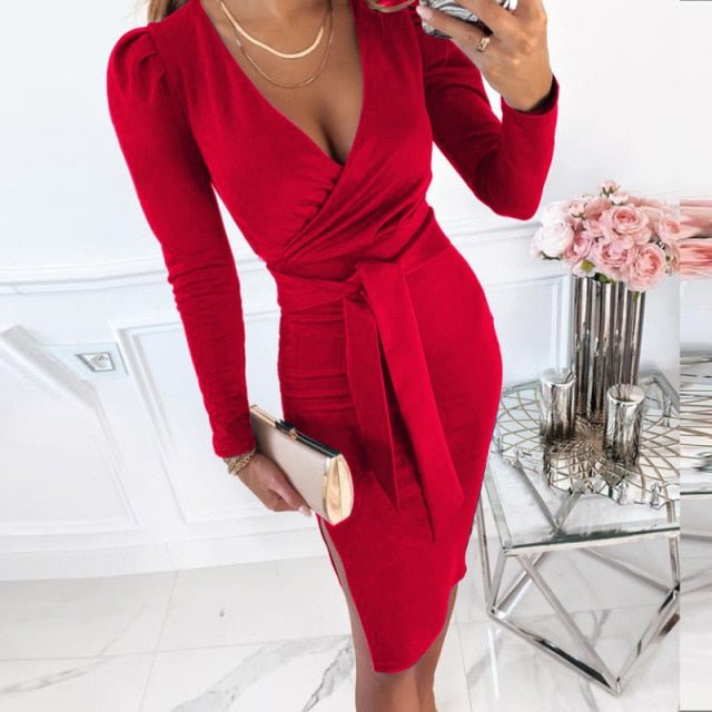 Sassy Sash 3/4 Sleeve Deep V-Neck Sheath Dress - My She Shop