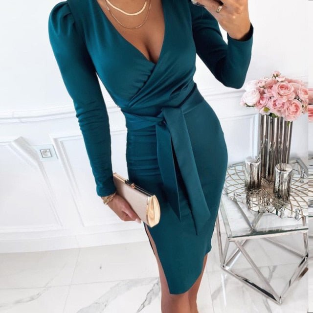 Sassy Sash 3/4 Sleeve Deep V-Neck Sheath Dress - My She Shop