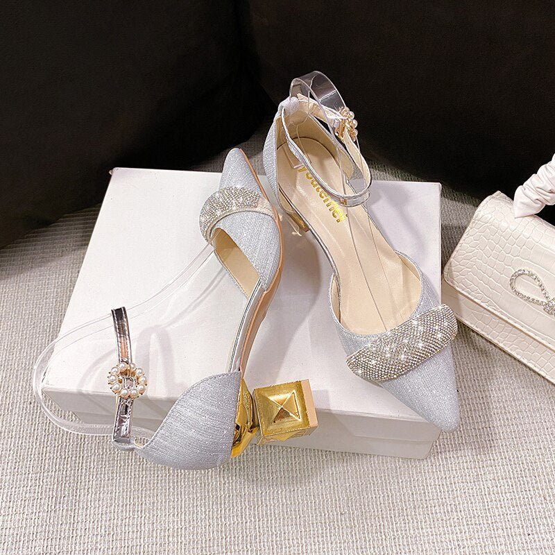 SDWK 6cm Bling Crystal High Heels Pumps Women Pearl Buckle Square Heels Wedding Party Shoes Ladies Pointed Toe Ankle Strap Pumps - My She Shop