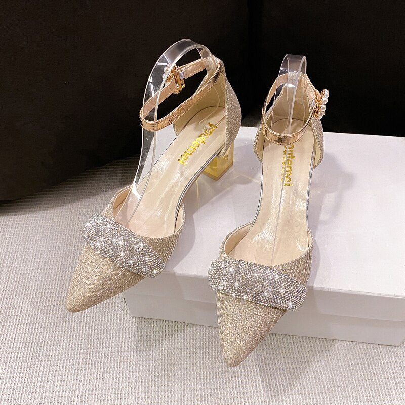 SDWK 6cm Bling Crystal High Heels Pumps Women Pearl Buckle Square Heels Wedding Party Shoes Ladies Pointed Toe Ankle Strap Pumps - My She Shop