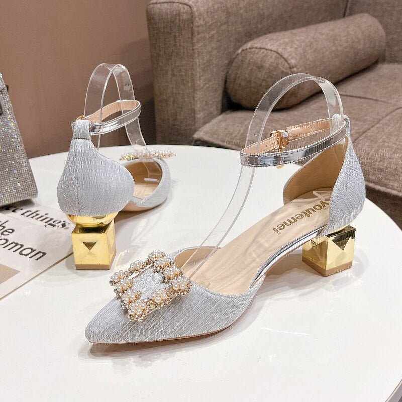 SDWK 6cm Bling Crystal High Heels Pumps Women Pearl Buckle Square Heels Wedding Party Shoes Ladies Pointed Toe Ankle Strap Pumps - My She Shop