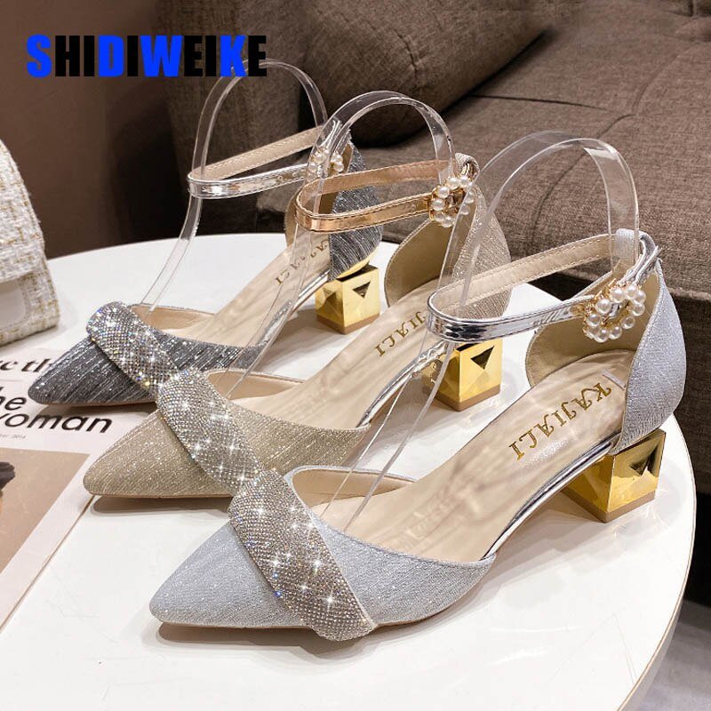 SDWK 6cm Bling Crystal High Heels Pumps Women Pearl Buckle Square Heels Wedding Party Shoes Ladies Pointed Toe Ankle Strap Pumps - My She Shop