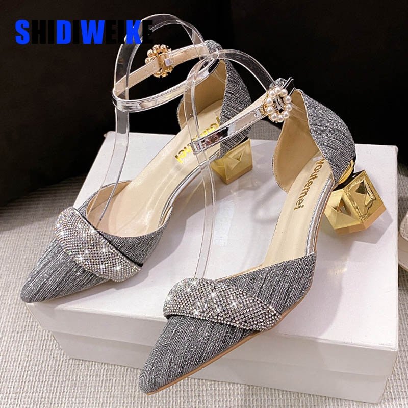 SDWK 6cm Bling Crystal High Heels Pumps Women Pearl Buckle Square Heels Wedding Party Shoes Ladies Pointed Toe Ankle Strap Pumps - My She Shop