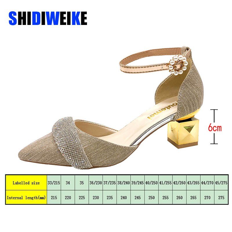 SDWK 6cm Bling Crystal High Heels Pumps Women Pearl Buckle Square Heels Wedding Party Shoes Ladies Pointed Toe Ankle Strap Pumps - My She Shop