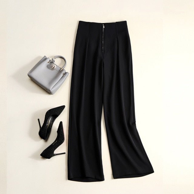 SHERHURE Casual Classic High Waist Wide Leg Zipper Fly Pants - My She Shop