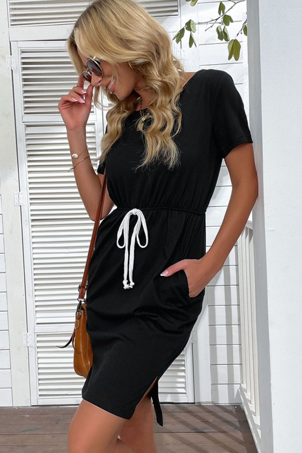 Side Slit Drawstring Round Neck Dress - My She Shop