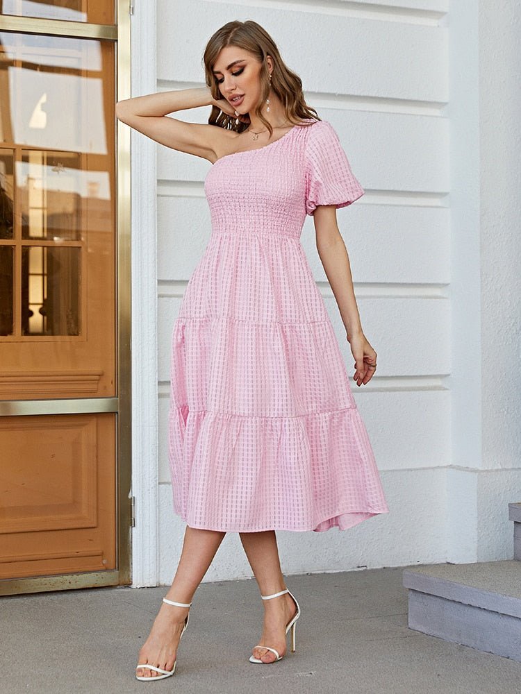 SIMPLEE Lovely One-Shoulder Pink Midi Dress - My She Shop