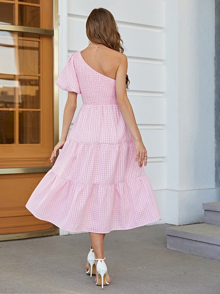 SIMPLEE Lovely One-Shoulder Pink Midi Dress - My She Shop