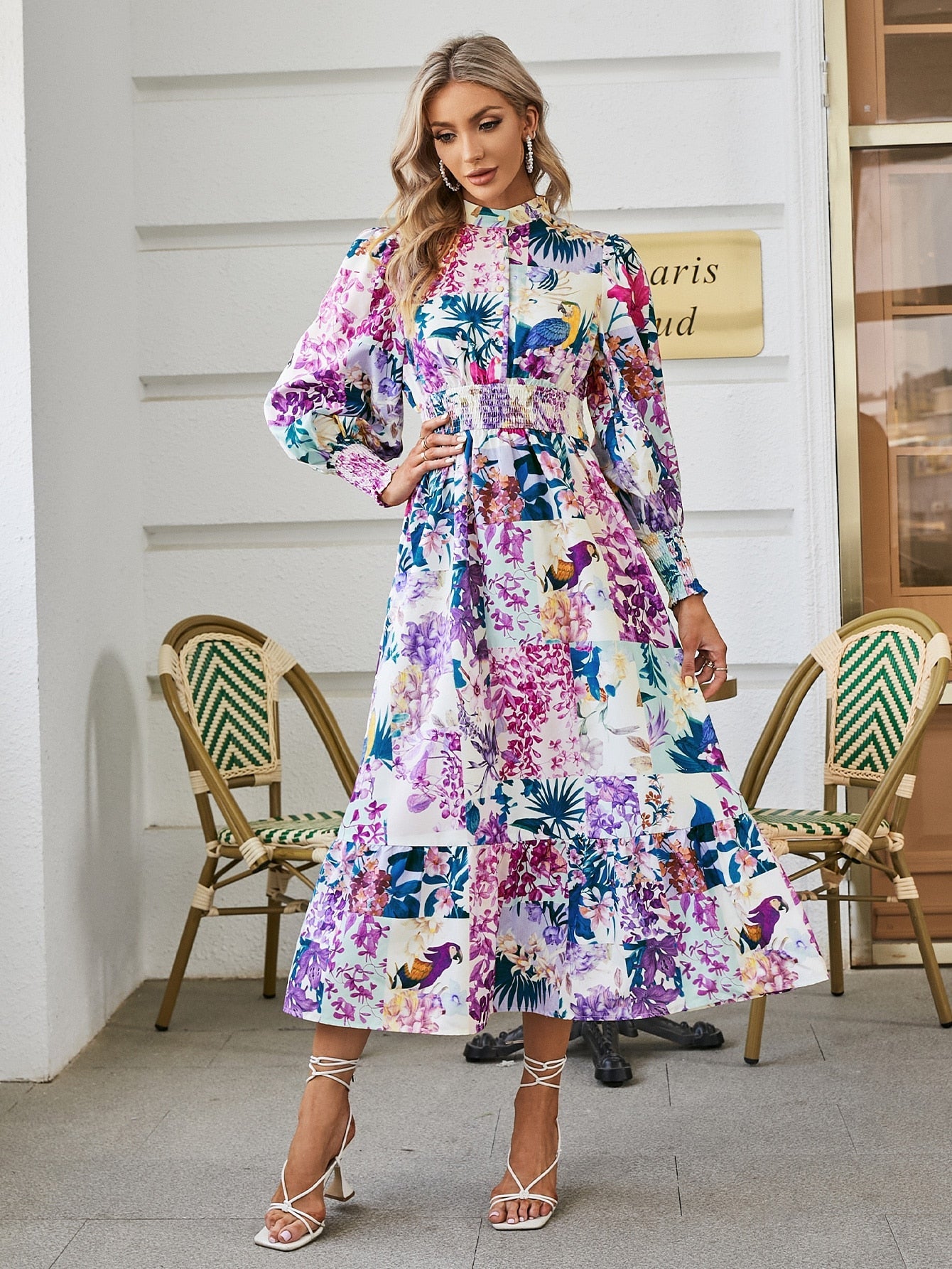 Simplee Puff sleeve print women shirt dress Boho elastic waist button patchwork office dresses Holiday floral split maxi vestido - My She Shop