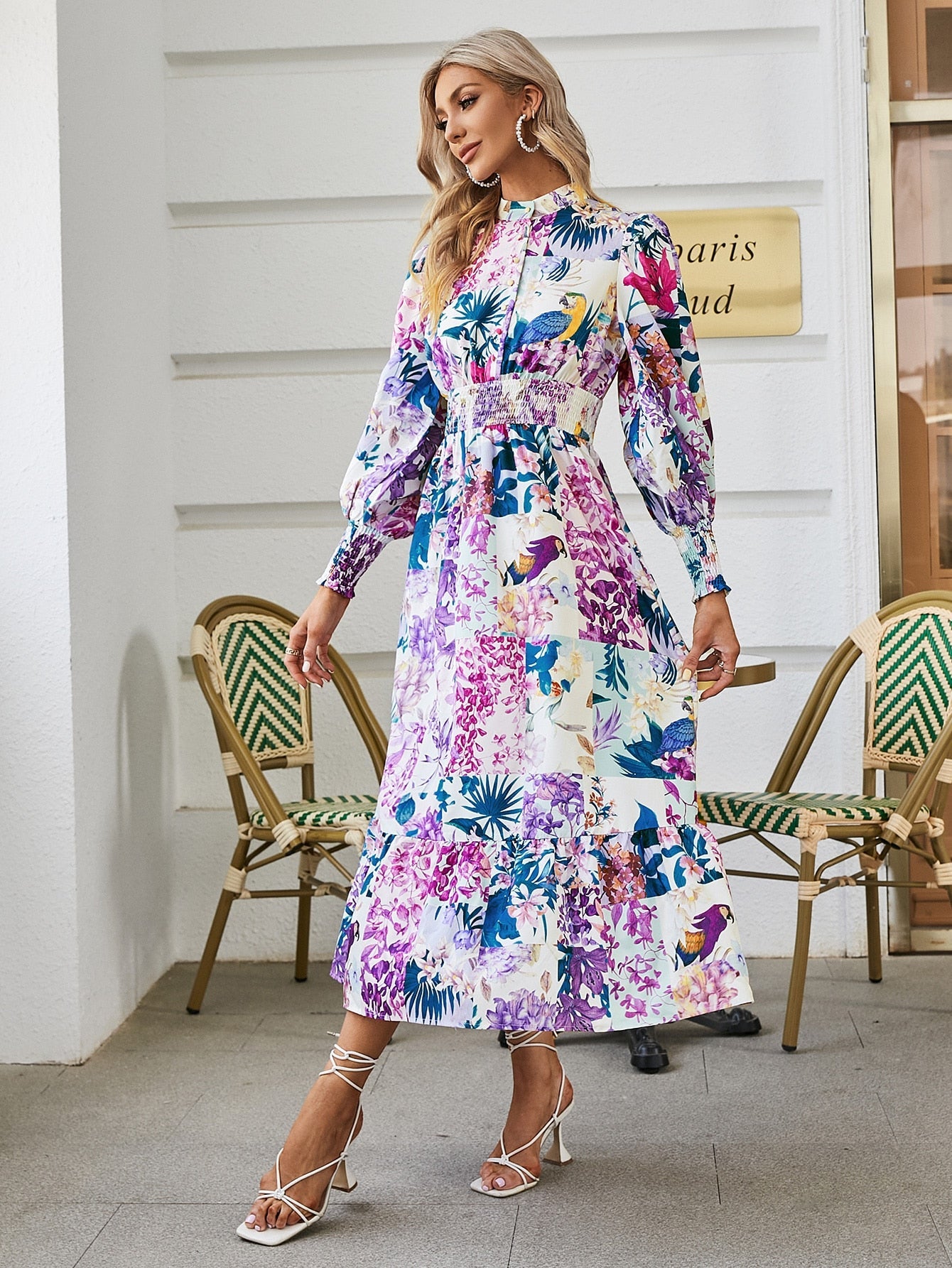 Simplee Puff sleeve print women shirt dress Boho elastic waist button patchwork office dresses Holiday floral split maxi vestido - My She Shop