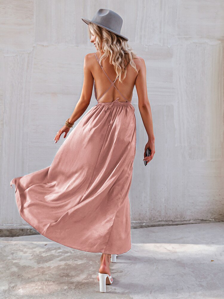 Simplee Women sexy v-neck backless Party dress lady pink Holiday long lace up split maxi dresses V-neck beach vestidos 2022 new - My She Shop