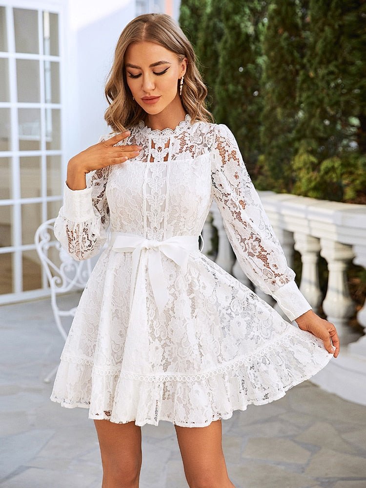 Simplee Women white lace party dress long sleeves ribbon vestidos hollow out Sexy office lady midi Elegant wedding dresses 2022 - My She Shop