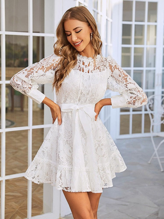 Simplee Women white lace party dress long sleeves ribbon vestidos hollow out Sexy office lady midi Elegant wedding dresses 2022 - My She Shop