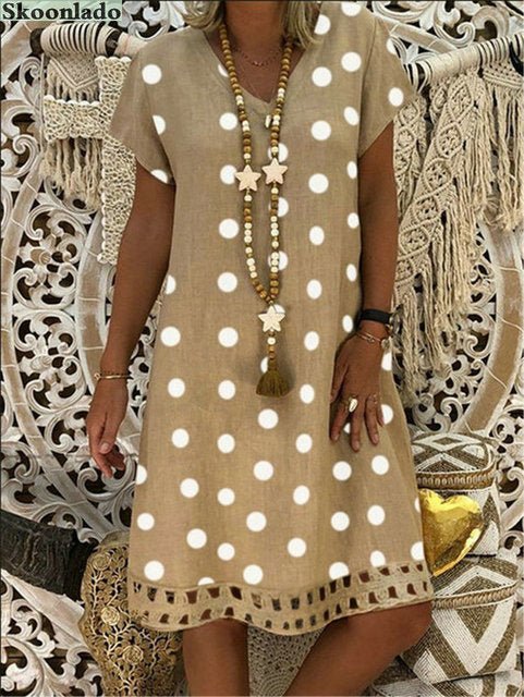 SKOONLADO Sassy Polka Dot Print Cotton Linen Pull-Over Knee Length Dress - My She Shop