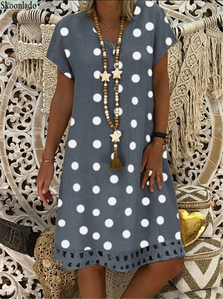 SKOONLADO Sassy Polka Dot Print Cotton Linen Pull-Over Knee Length Dress - My She Shop