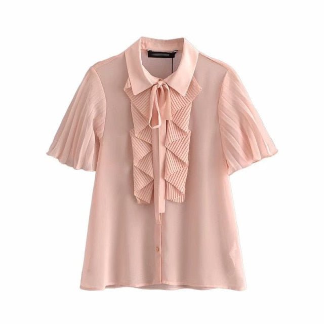 SNICAN Pleated Long or Short Sleeve Cascading Ruffle Blouse - My She Shop