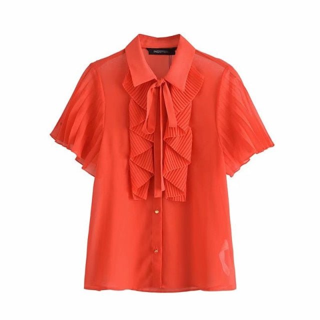 SNICAN Pleated Long or Short Sleeve Cascading Ruffle Blouse - My She Shop